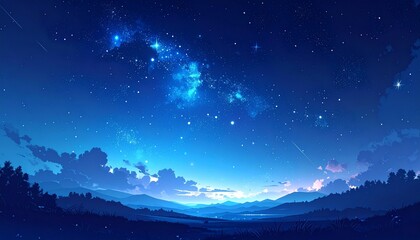 Fototapeta premium Emotional indigo night sky scenery with shining constellations and mountain ridgeline in a serene Japanese art style
