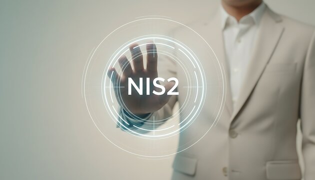 Businessman engaging with a futuristic virtual display, highlighting the critical NIS2 directive for enhanced European cybersecurity and robust data protection in the modern digital landscape