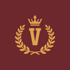 Golden Letter V Crowned with Laurel Wreath Emblem.