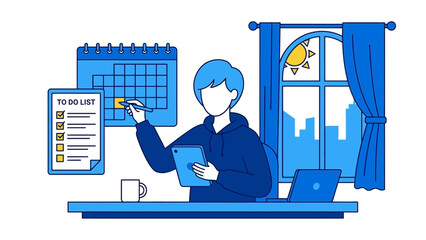 Fototapeta premium Young Man Working on Laptop and Smartphone in Home Office Setting