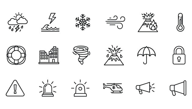 Outline vector icon set representing of natural disaster emergency and warning on transparent background