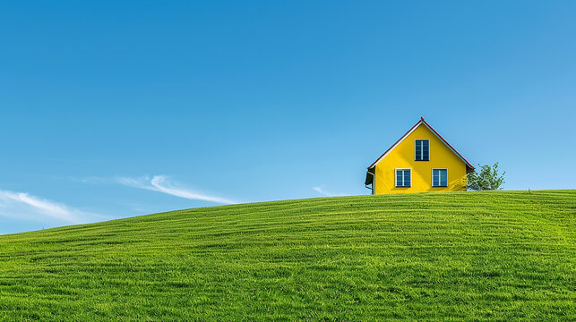 Bright yellow house standing alone on a lush green hillside under a clear blue sky