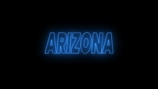 Arizona text animation in bright blue neon against black background. 4k animated typography Suitable for travel websites, desert themed designs, and south western inspired projects.