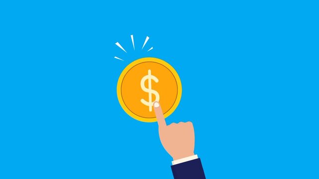 Animated pay per click concept with hand tapping gold coin. Symbol of online income, promotion, and digital advertising growth