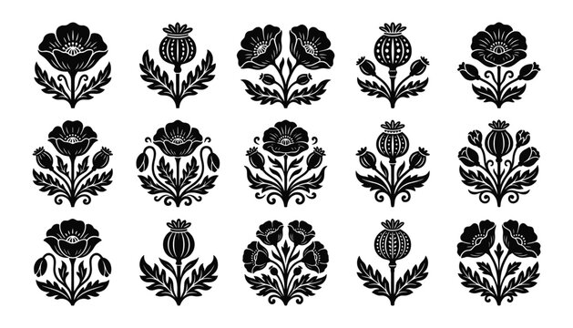 Set of poppy flower elements black silhouette on transparent background for decoration vector illustration