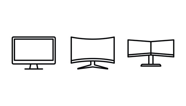 Three different monitor designs representing computer hardware peripheral in black and white