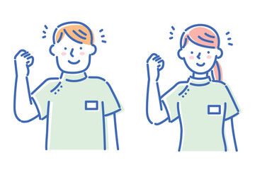 笑顔でガッツポーズする若い看護師の男女イラストセット