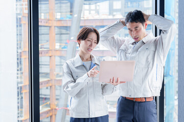 工事現場で困った表情をする作業員