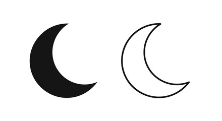 Obraz premium Black crescent moon icon and outline vector, sleep mode symbol, night time UI element isolated on white
