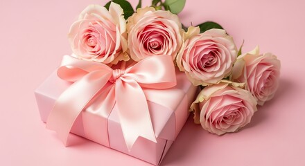 Fototapeta premium Pink roses and gift box on pink background