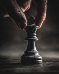 Close-up of Hand Moving Black Chess King Piece