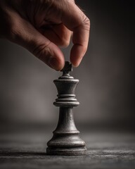 Close-up of Hand Moving Black Chess King Piece