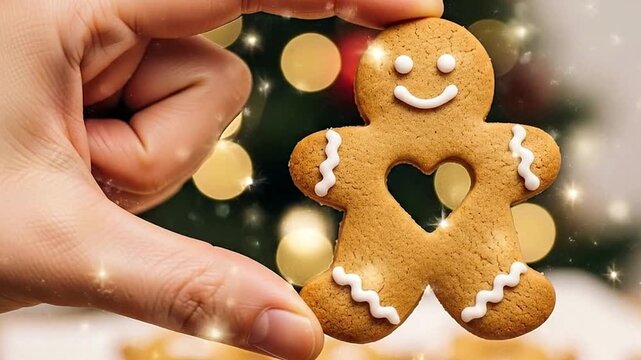 A festive close-up shot captures a person's hand delicately holding a beautifully decorated gingerbread cookie against a magical backdrop of warm, blurred bokeh lights. This delightful sweet treat, sh