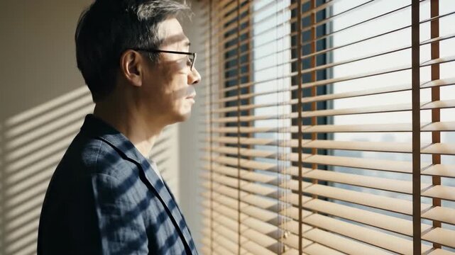 A man in a suit and glasses contemplates while looking through window blinds. The image evokes a sense of thoughtfulness and contemplation.