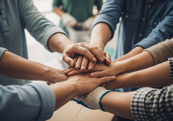 Close Up Shot of Diverse Hands Piled Together for Teamwork Concept