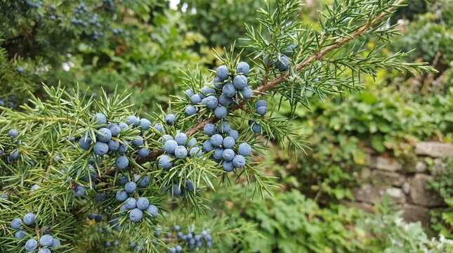 Branch with fresh ripe blue juniper berries in garden, green foliage backdrop, aromatic botanical plant