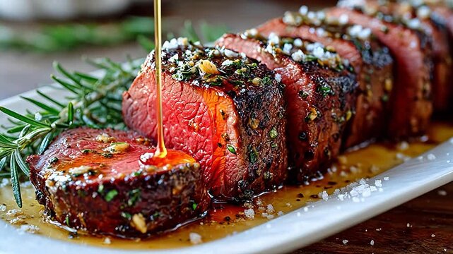 Sliced beef fillet with herbs and sauce