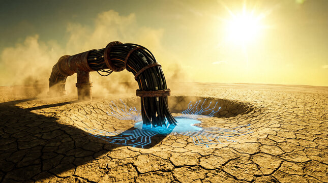 Surreal Cinematic Concept of Massive Cable Pipeline Extracting Glowing Digital Circuit Water from Dry Cracked Desert Ground - AI Resource Consumption Metaphor