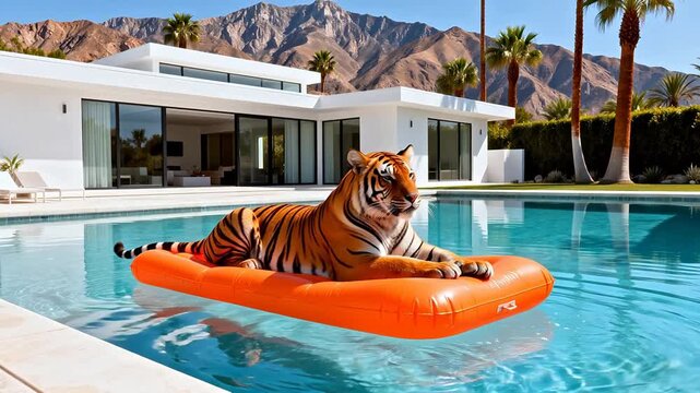 Tiger resting on float in pool