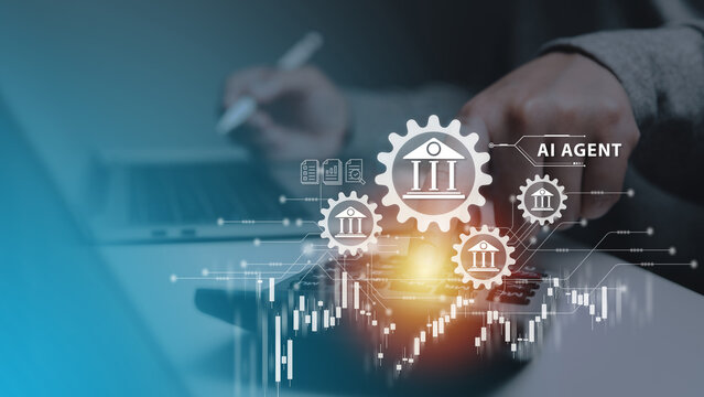 A financial professional uses a calculator with glowing gear icons containing bank symbols and financial charts, AI Agent technology for automated banking and investment management efficiency.