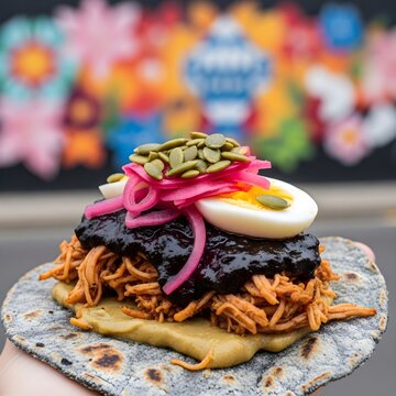 Modern Chimole Taco on Blue Corn Tortilla &ndash; Black Recado Street Food Fusion