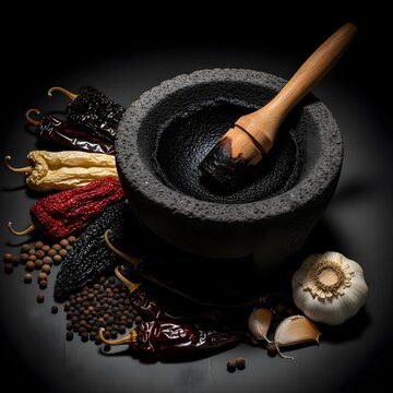 Black Recado Paste in Molcajete &ndash; Moody Culinary Ritual with Charred Chilies and Spices