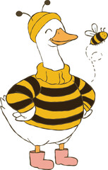 A funny and adorable goose character dressed in a bumble bee costume, featuring wings and antennae. with little bumble bee