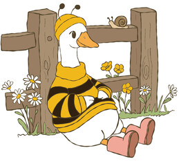 Funny cute goose in bee costume character in spring garden background