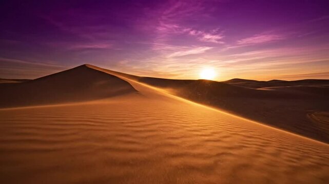 Vibrant desert landscape at sunset with majestic sand dunes and serene atmosphere from a distant viewpoint