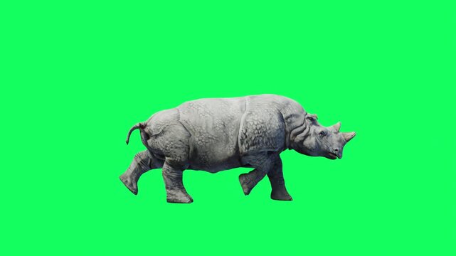 3D Realistic Giant Dangerous White rhinoceros running Loop with Motion side View Isolated on Green Screen, 4K High Resolution 60fps Animation of a rhino run on Chroma Key, easy to remove background