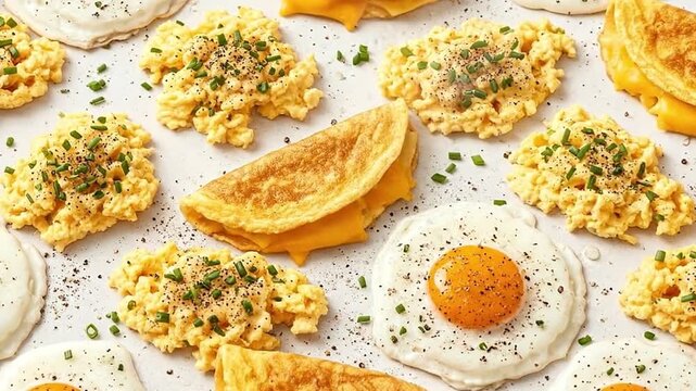 A mouthwatering overhead shot displays a diverse array of classic breakfast staples artfully arranged against a clean, bright white backdrop. Scrambled eggs, fluffy omelets with cheese, and perfectly 