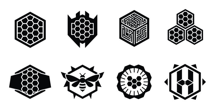 Collection of honeycomb vector logos and labels with bee symbols for honey products