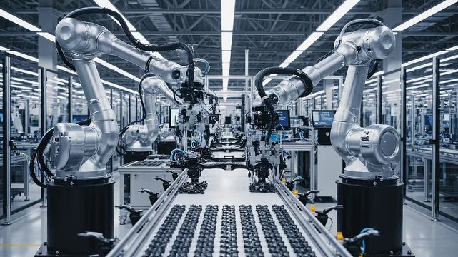 Industrial robots in a factory setting.