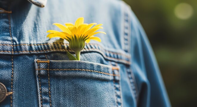 Yellow flower in denim jacket pocket