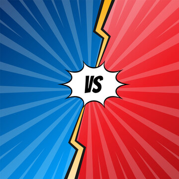 Retro comic book style versus background. Red and blue split screen with yellow lightning bolt and VS letters in a speech bubble. Vector illustration for battle or competition concepts.
