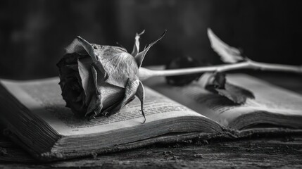 Black and white rose atop an open book, romantic and melancholic still life