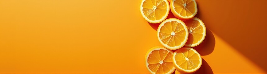 Obraz premium Orange slices arranged in a row on a bright orange background food background banner copy space