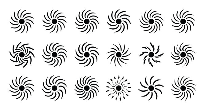 Set of spiral sun silhouette vector design with decorative design elements and abstract forms