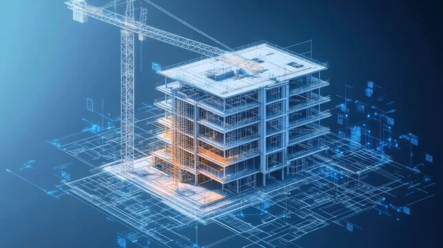 construction building information modeling bim concept with 3d model and blueprints vector illustration