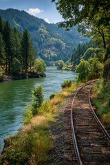 Fototapeta premium River flows alongside railroad tracks in a forest on a summer afternoon in a natural setting