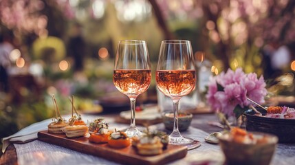 luxury rose wine cocktail reception with tapas in elegant spring garden © pier