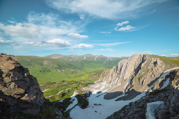 Scenic aerial dizzying top view above snow cornice to small lake in green dale among rocky cliff and sharp rocks under clouds in blue sky. Vertigo vivid alpine scenery. Sheer crags and high mountains. © Daniil