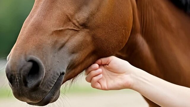 A tender close-up shot captures a human hand gently caressing and stroking the beautiful brown head of a horse. The intimate interaction showcases a profound bond and trust between human and animal, a
