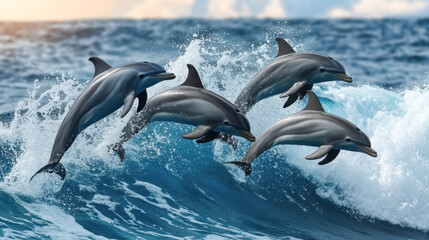 Fototapeta premium beautiful dolphins jumping over breaking waves