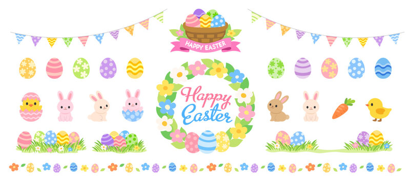 イースター イラストセット｜卵・うさぎ・ひよこ・花・ガーランド 春のかわいい装飾素材