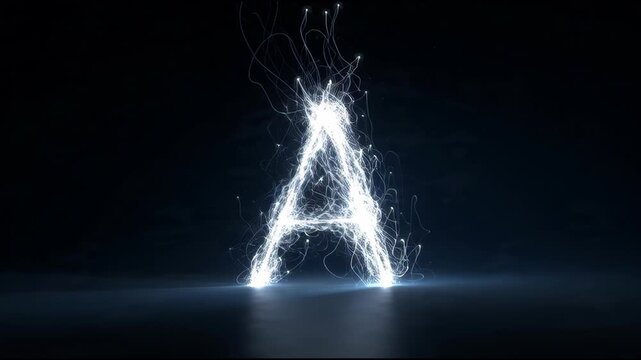 Glowing electric letter A in dark space with dynamic light trails