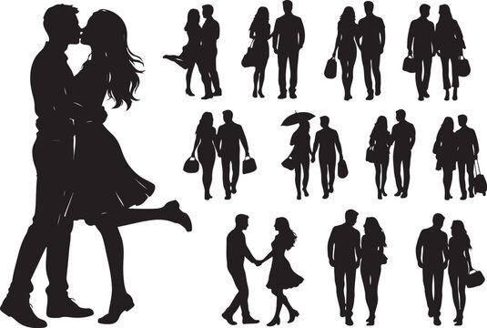 Set of standing people silhouettes, men and women fashion poses isolated on white