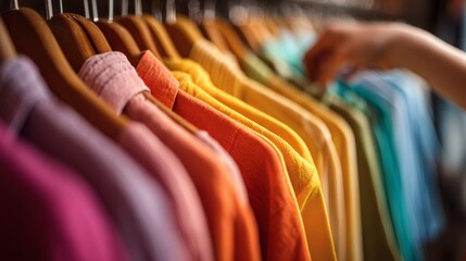 Obraz premium Woman touches colorful clothes while shopping in second hand store for unique fashion items and outfits in busy boutique setting