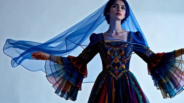 Woman in ornate blue and multicolored gown