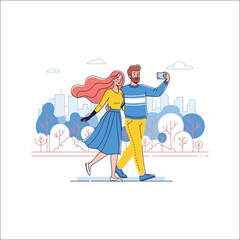Obraz premium Flat vector illustration of a young couple walking together